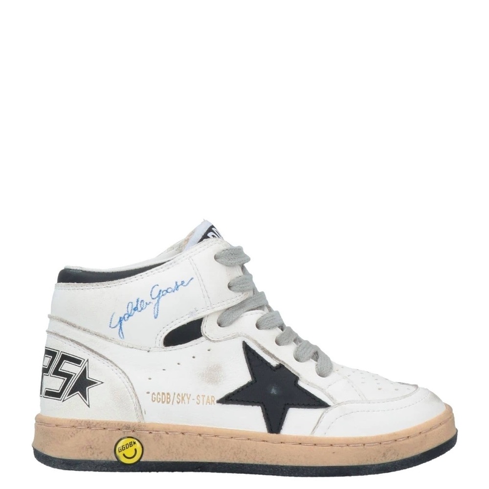 Golden Goose Kids White High-Top Sneakers with Black Star & Blue Script